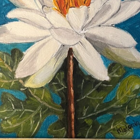 Vtg Framed Hand-Painted Water Lily Art on Canvas Panel, Signed & Dated, Acrylic - Picture 4 of 10